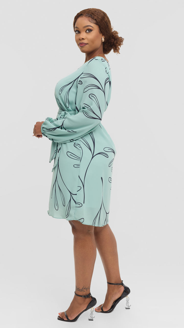 Vivo Zawadi Shift Dress in Chiffon - Sea Green / Navy Print