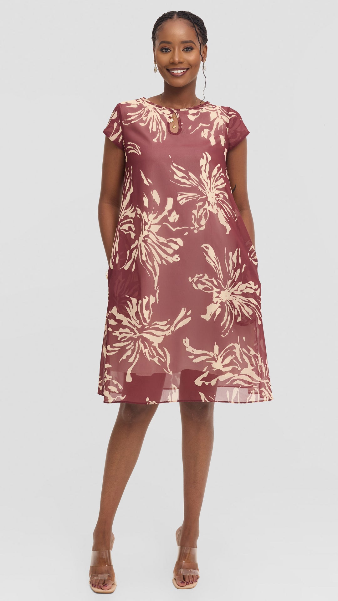 Vivo Sierra Cap Sleeve Tent Chiffon Dress - Burgundy Textured Print