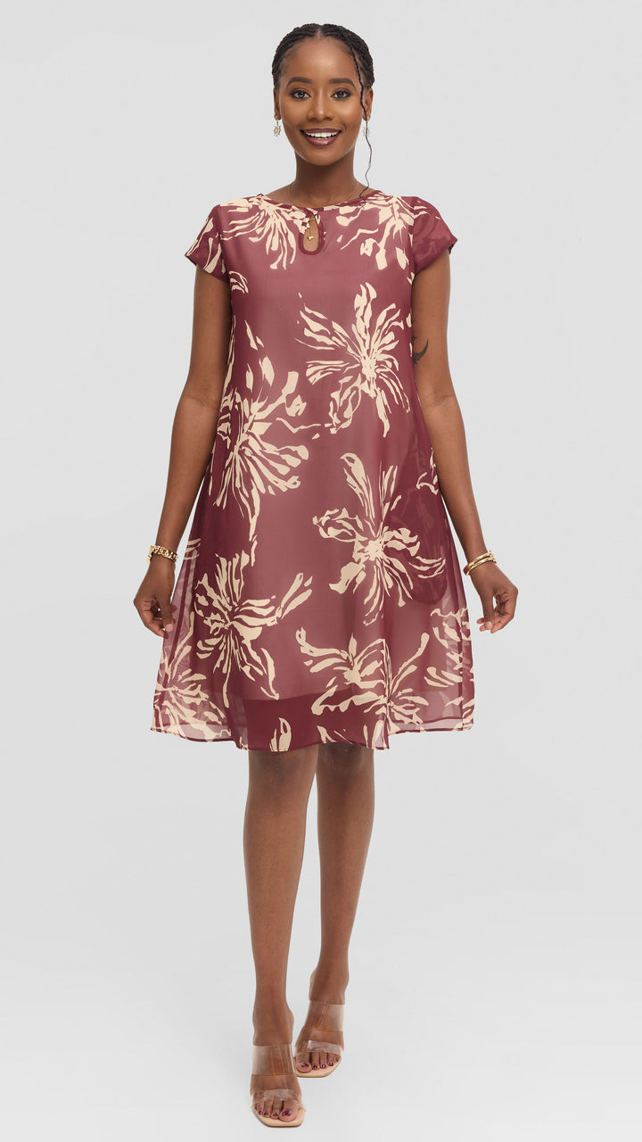 Vivo Sierra Cap Sleeve Tent Chiffon Dress - Burgundy Textured Print