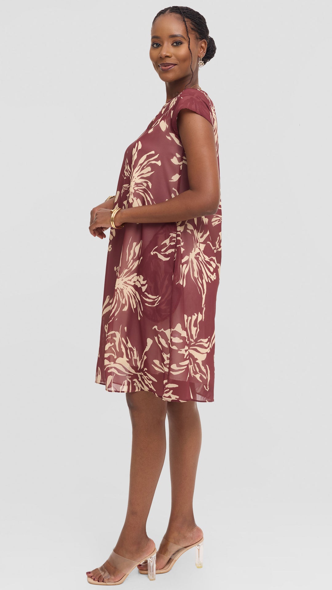 Vivo Sierra Cap Sleeve Tent Chiffon Dress - Burgundy Textured Print