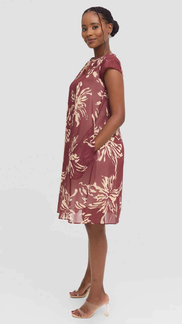 Vivo Sierra Cap Sleeve Tent Chiffon Dress - Burgundy Textured Print