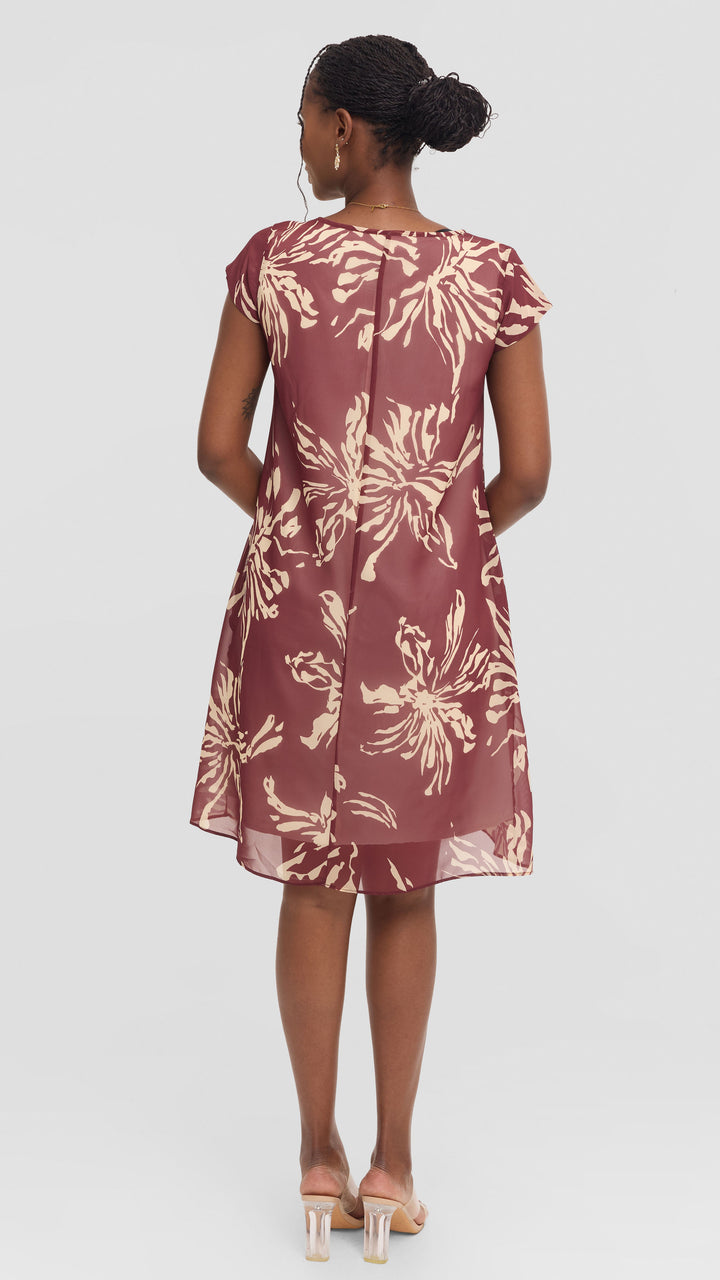 Vivo Sierra Cap Sleeve Tent Chiffon Dress - Burgundy Textured Print