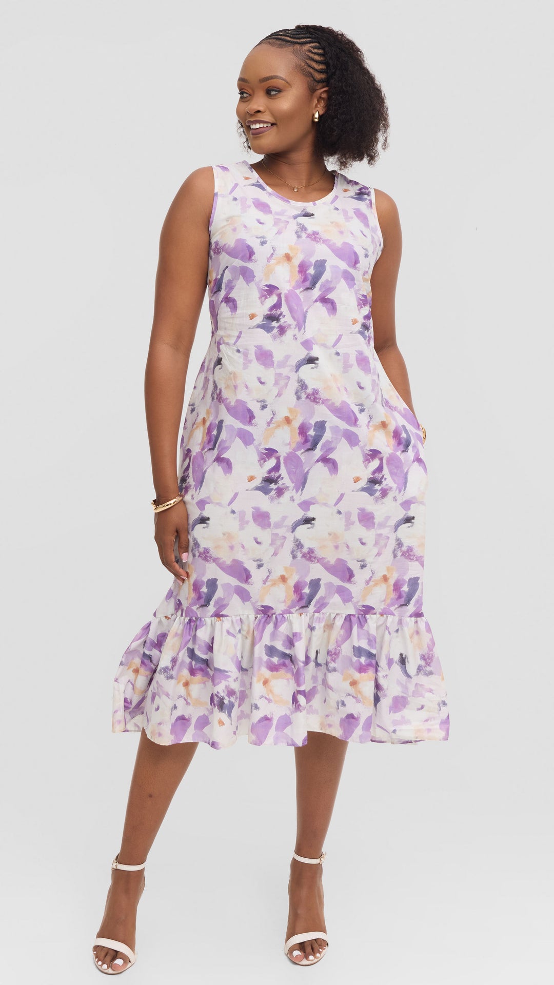 Vivo Dalia SleevelessTie Midi Dress in Print Cotton - Lilac Multicolor Print