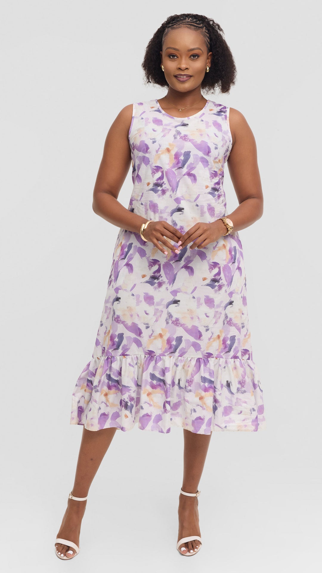 Vivo Dalia SleevelessTie Midi Dress in Print Cotton - Lilac Multicolor Print