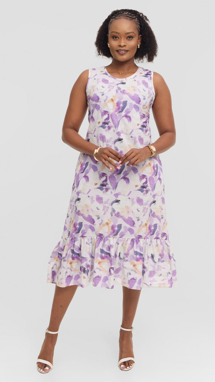 Vivo Dalia SleevelessTie Midi Dress in Print Cotton - Lilac Multicolor Print