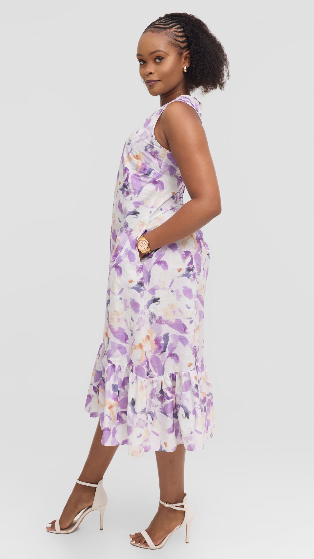 Vivo Dalia SleevelessTie Midi Dress in Print Cotton - Lilac Multicolor Print