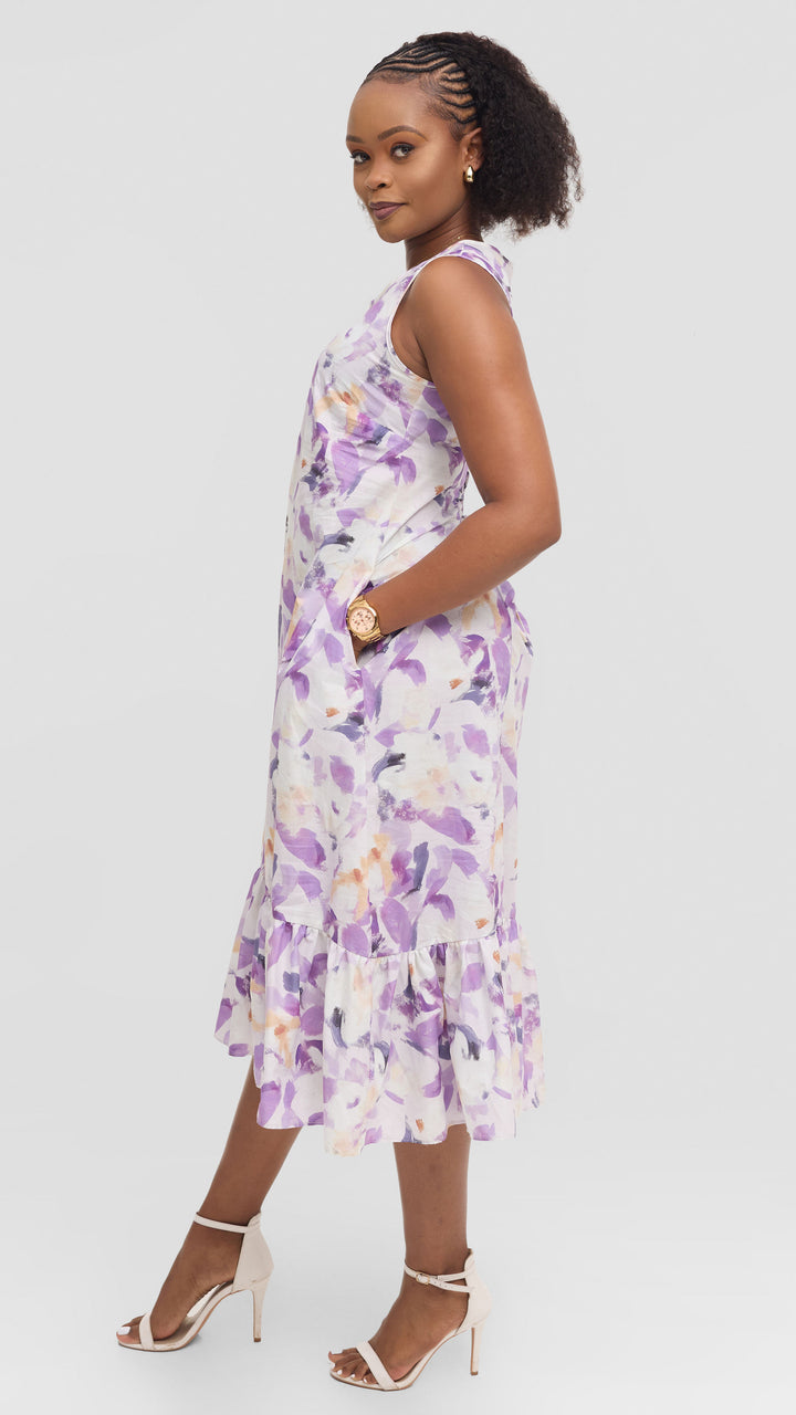 Vivo Dalia SleevelessTie Midi Dress in Print Cotton - Lilac Multicolor Print