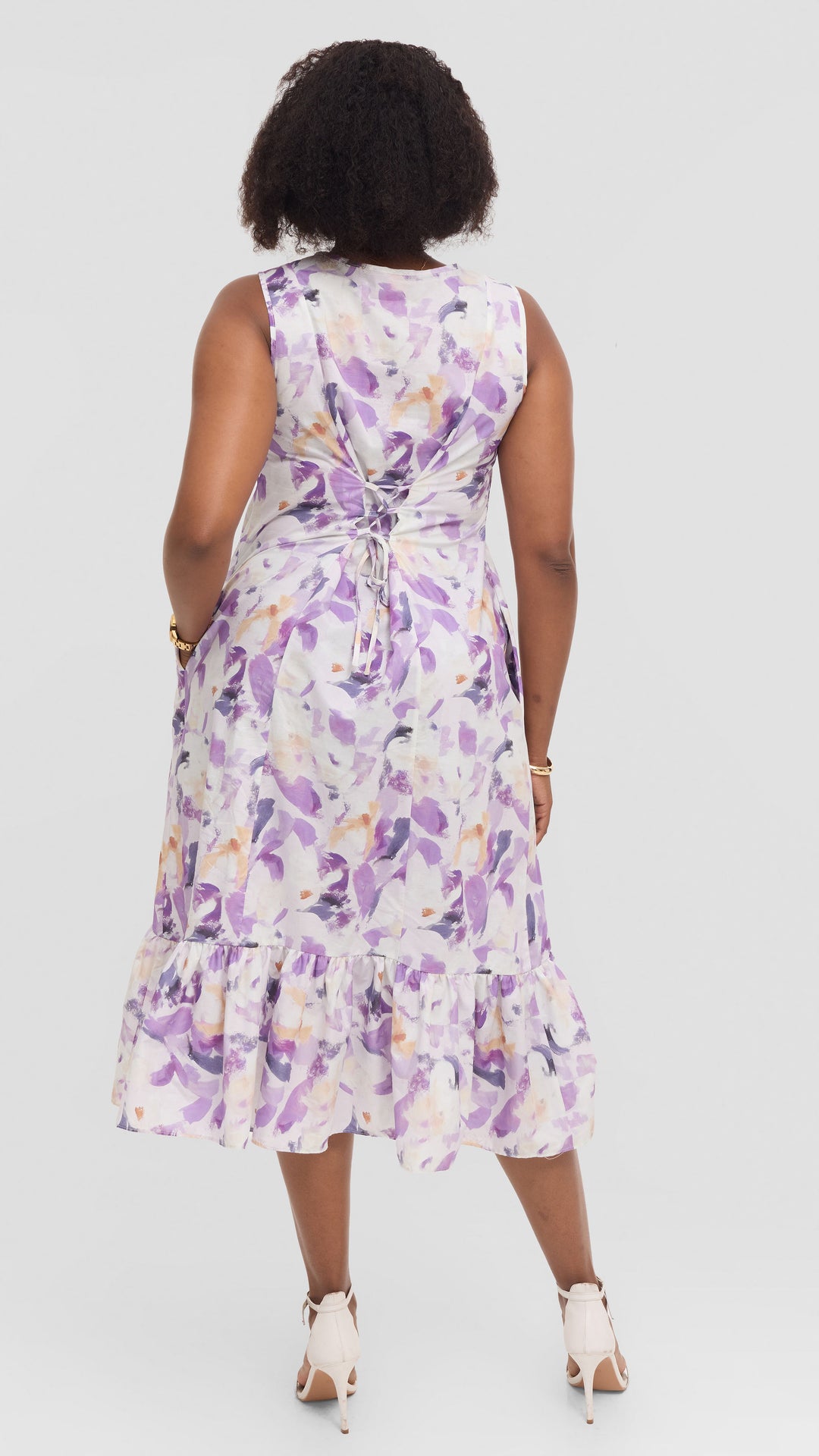 Vivo Dalia SleevelessTie Midi Dress in Print Cotton - Lilac Multicolor Print
