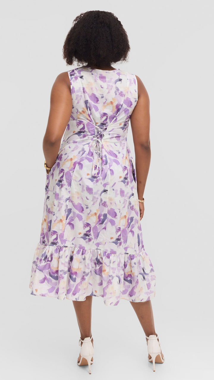 Vivo Dalia SleevelessTie Midi Dress in Print Cotton - Lilac Multicolor Print