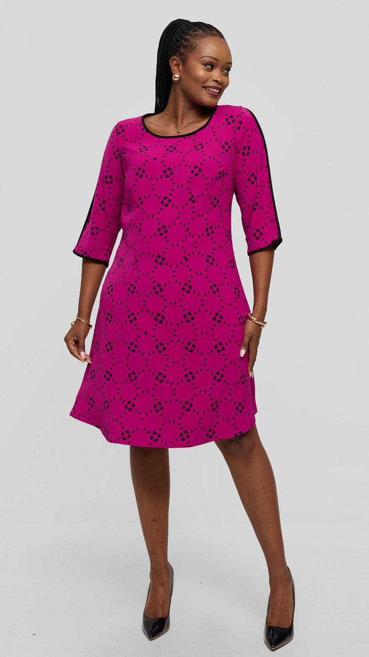 Vivo Pendo 3/4 Sleeve A Line Dress in Twill - Fuschia / Black Talo Print