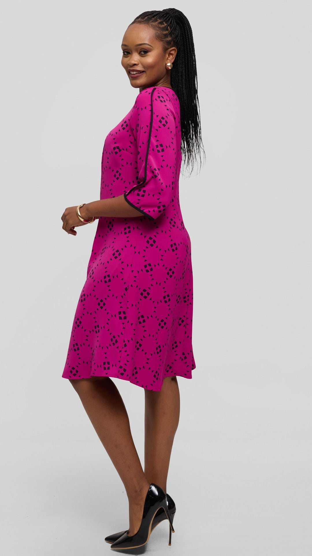 Vivo Pendo 3/4 Sleeve A Line Dress in Twill - Fuschia / Black Talo Print