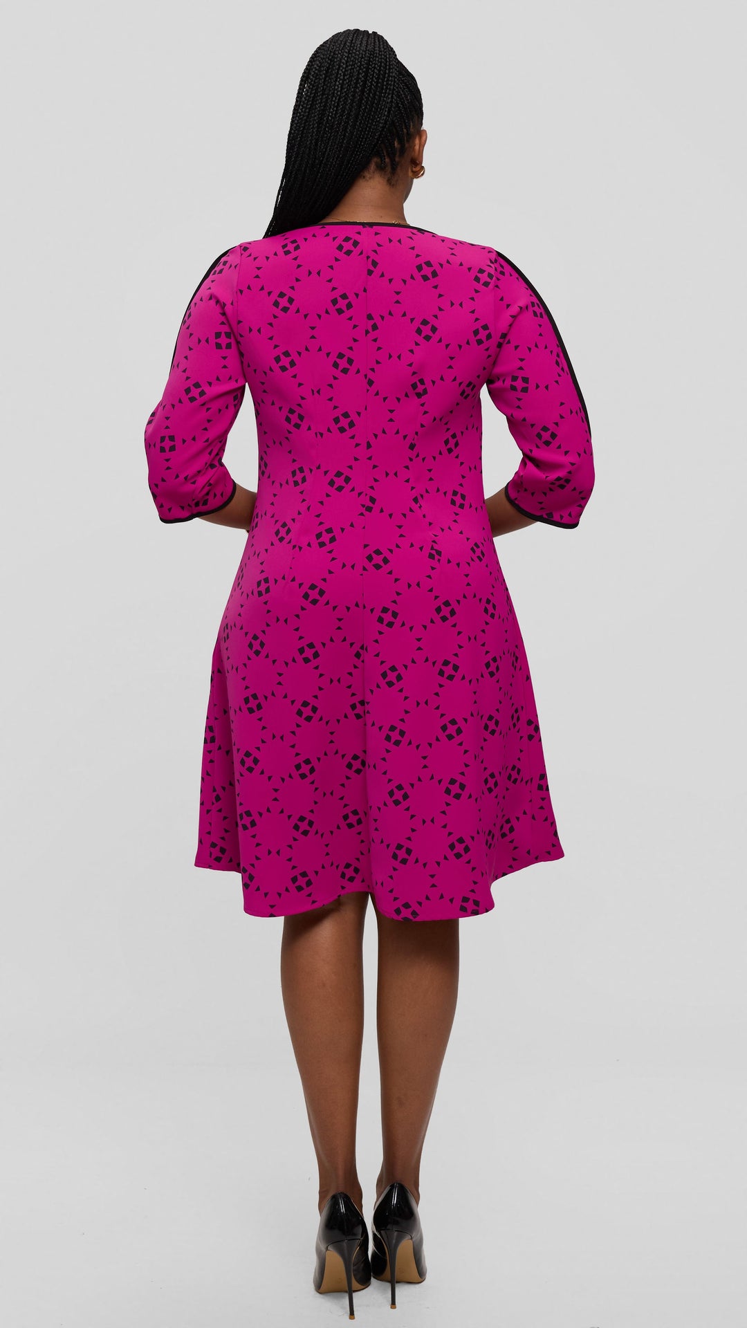 Vivo Pendo 3/4 Sleeve A Line Dress in Twill - Fuschia / Black Talo Print