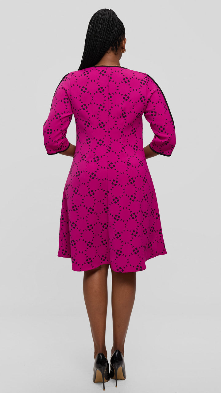 Vivo Pendo 3/4 Sleeve A Line Dress in Twill - Fuschia / Black Talo Print