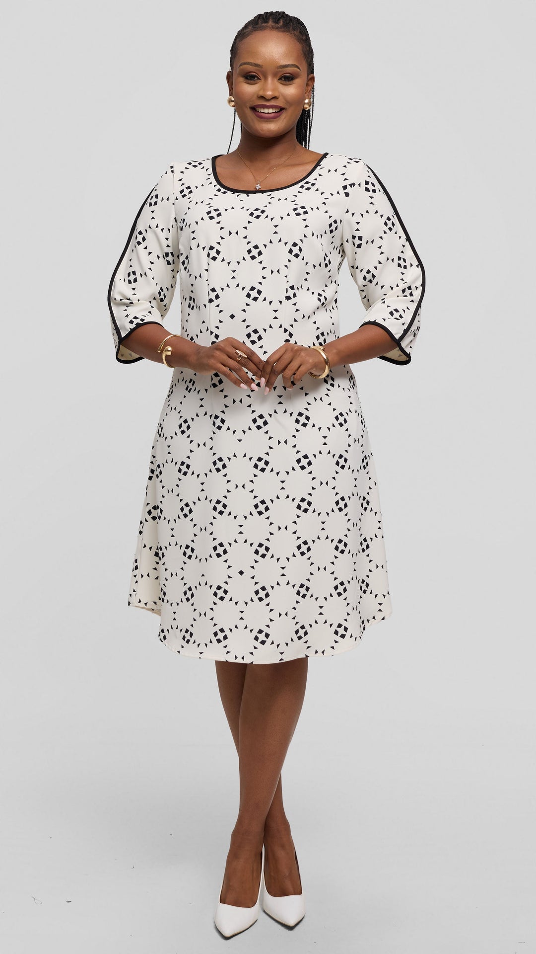 Vivo Pendo 3/4 Sleeve A Line Dress in Twill - Off White / Black Talo Print