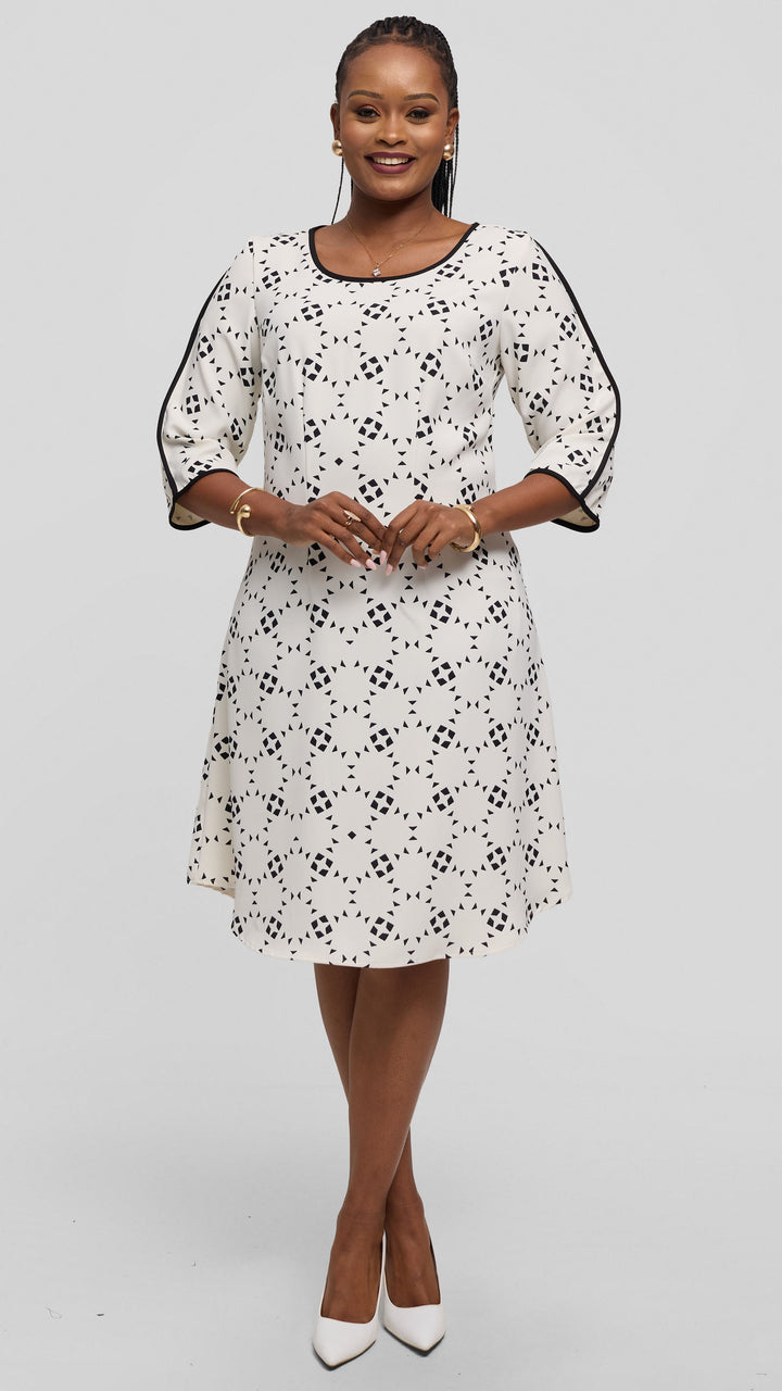 Vivo Pendo 3/4 Sleeve A Line Dress in Twill - Off White / Black Talo Print