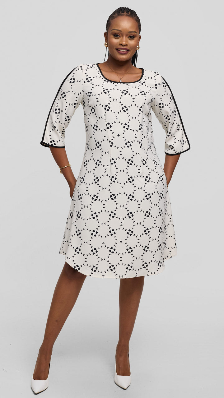 Vivo Pendo 3/4 Sleeve A Line Dress in Twill - Off White / Black Talo Print