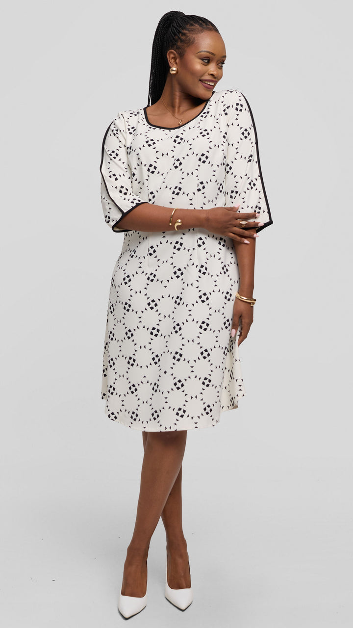 Vivo Pendo 3/4 Sleeve A Line Dress in Twill - Off White / Black Talo Print