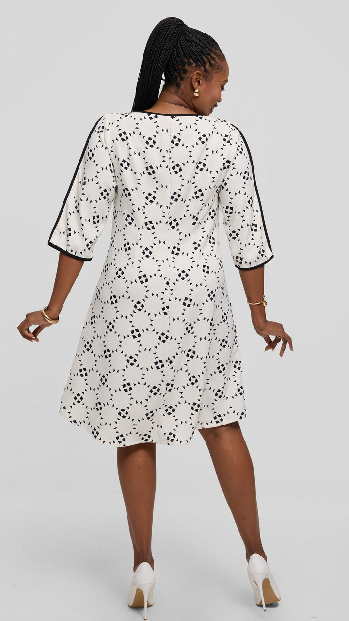 Vivo Pendo 3/4 Sleeve A Line Dress in Twill - Off White / Black Talo Print