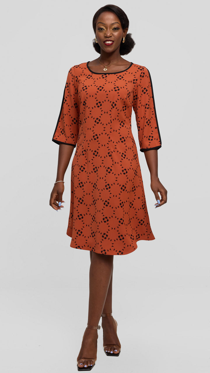 Vivo Pendo 3/4 Sleeve A Line Dress in Twill - Rust / Black Talo Print