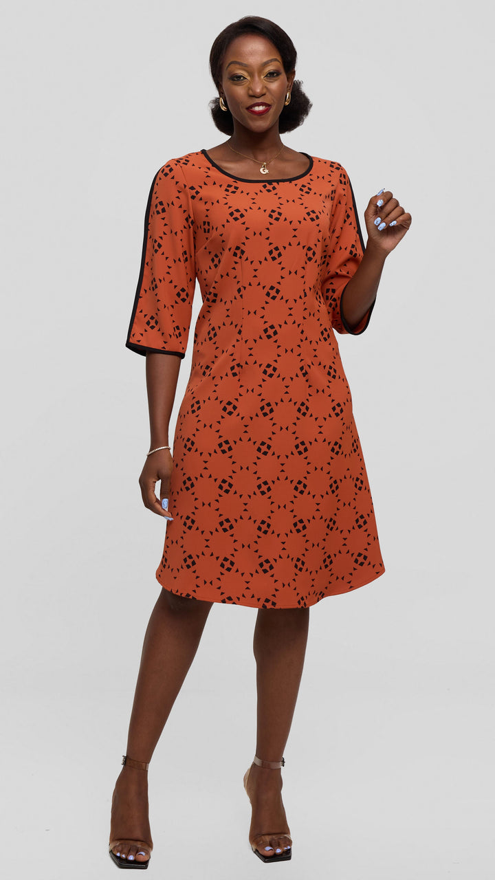 Vivo Pendo 3/4 Sleeve A Line Dress in Twill - Rust / Black Talo Print