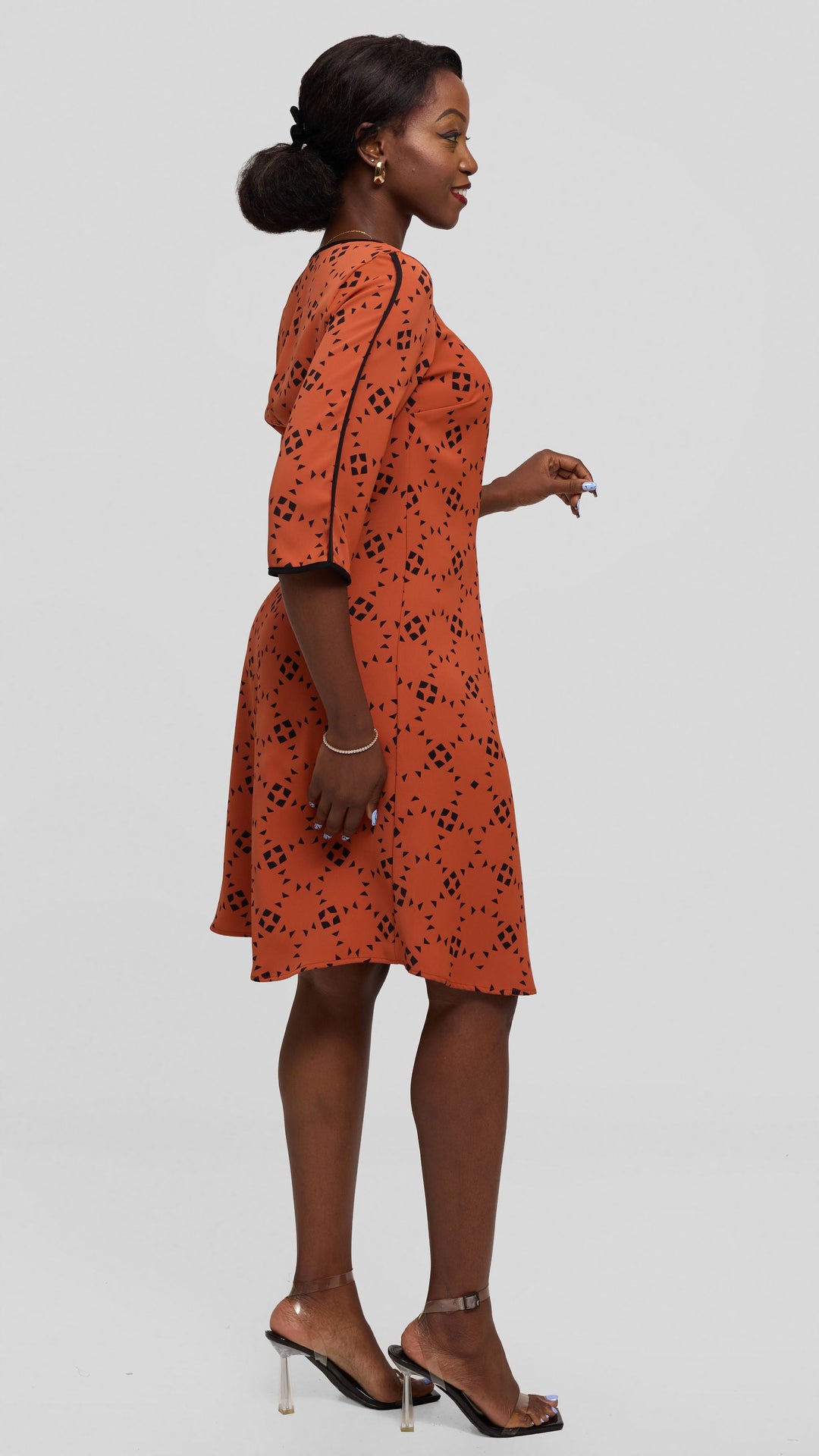 Vivo Pendo 3/4 Sleeve A Line Dress in Twill - Rust / Black Talo Print