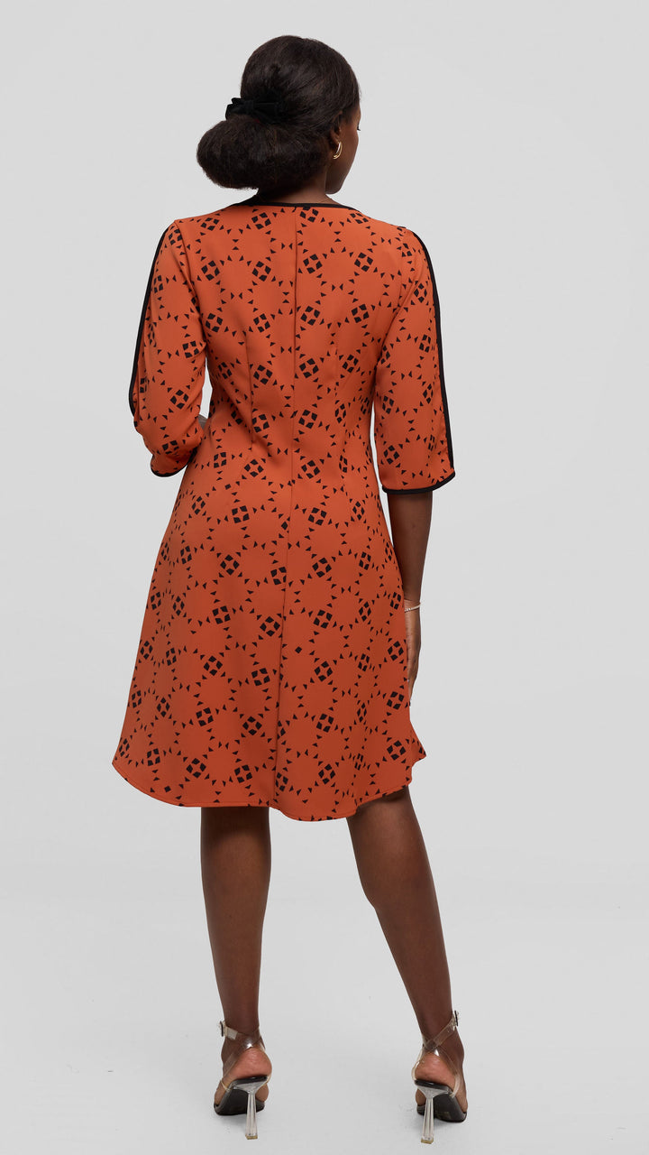 Vivo Pendo 3/4 Sleeve A Line Dress in Twill - Rust / Black Talo Print