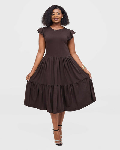 Gravio Margo Midi Dress - Chocolate / Brown - Shopzetu