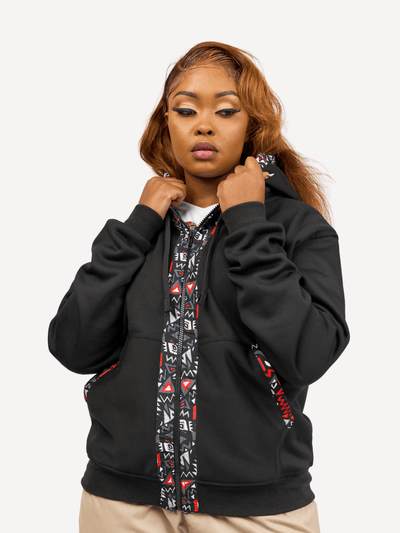 Kitu Kali Zipper With Red And Grey Stripes Hoodie - Black - Shopzetu