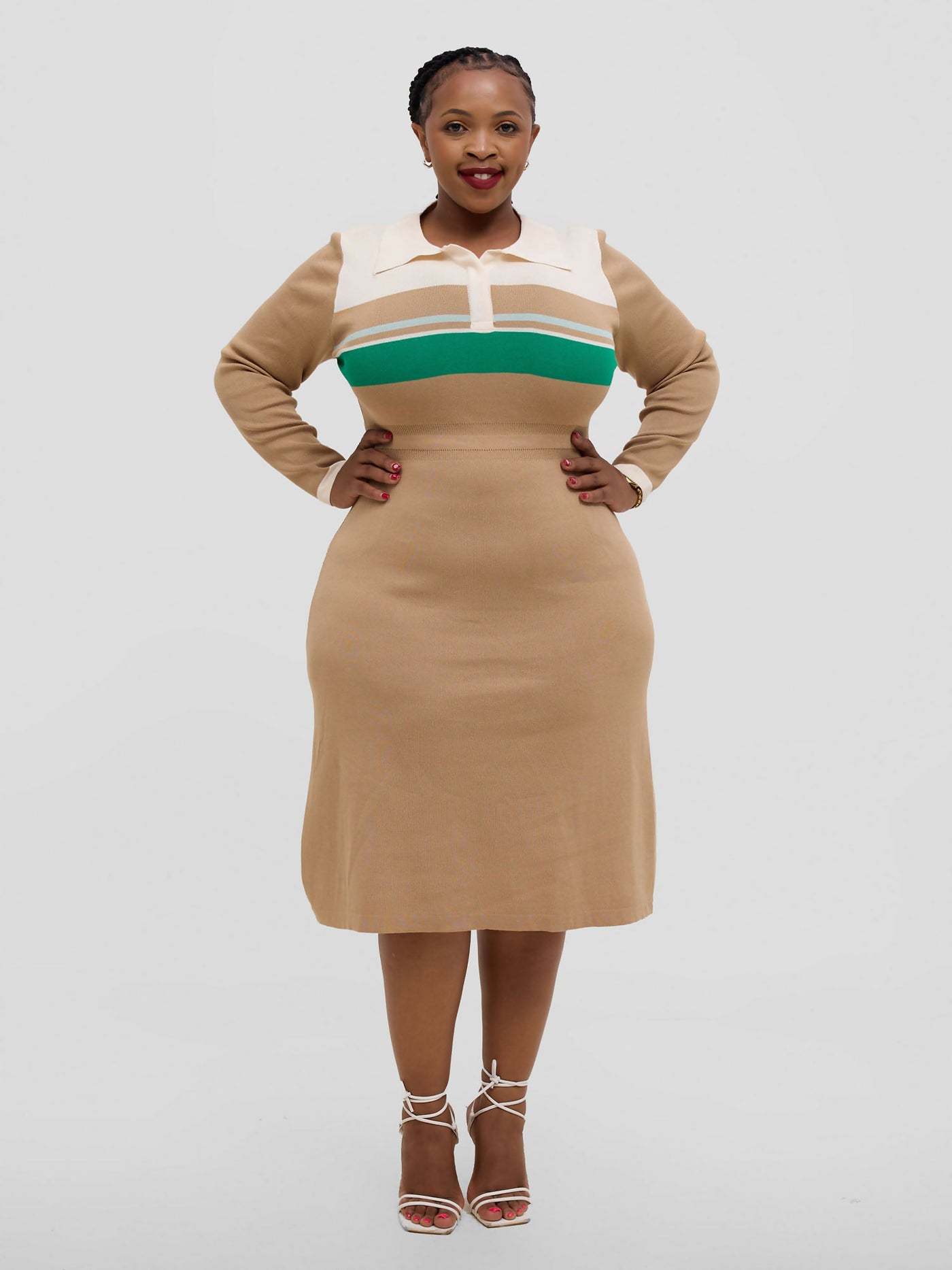 Hessed Long - Sleeve Half - Buttoned Midi Sweater Dress - Beige - Shopzetu