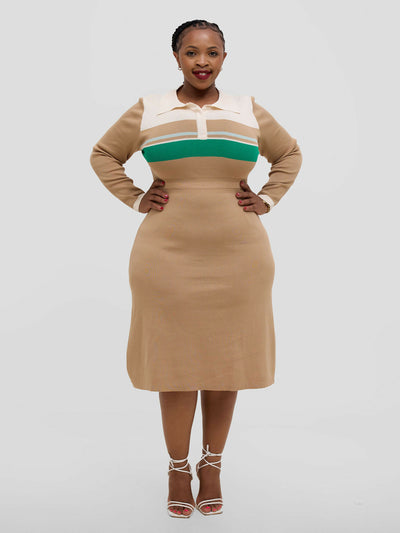 Hessed Long - Sleeve Half - Buttoned Midi Sweater Dress - Beige - Shopzetu