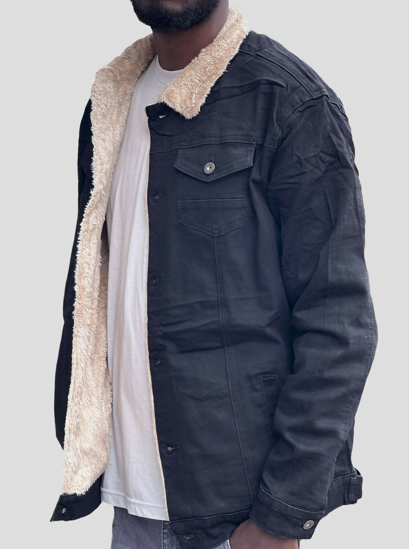 Stylish Brothers Fur Denim Jacket - Black - Shopzetu