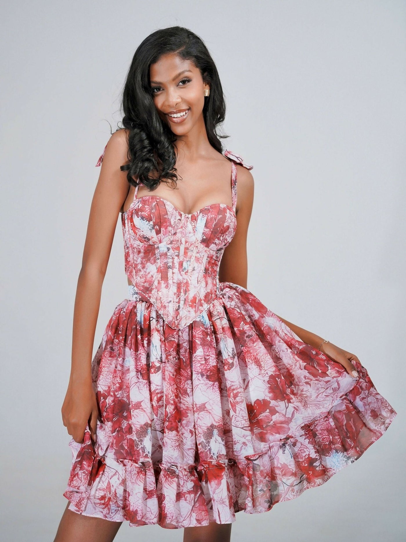 Misstcal Backless Lace Up Adjustable Chiffon Corset Set - Maroon Print - Shopzetu