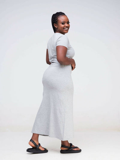 Hessed Sleeved Midi Plain Dress - Shopzetu