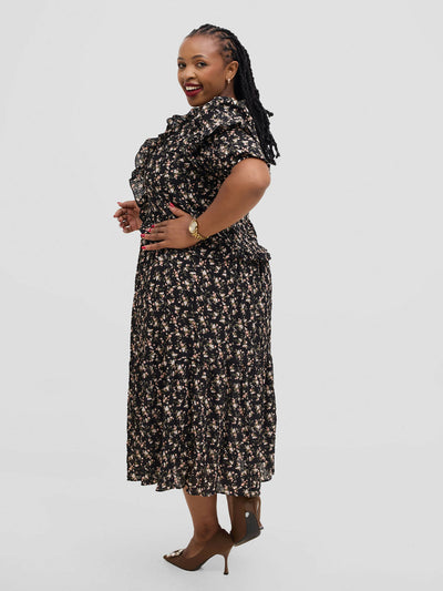 Hessed Floral Ruffle Short Sleeve Dress - Black - Shopzetu