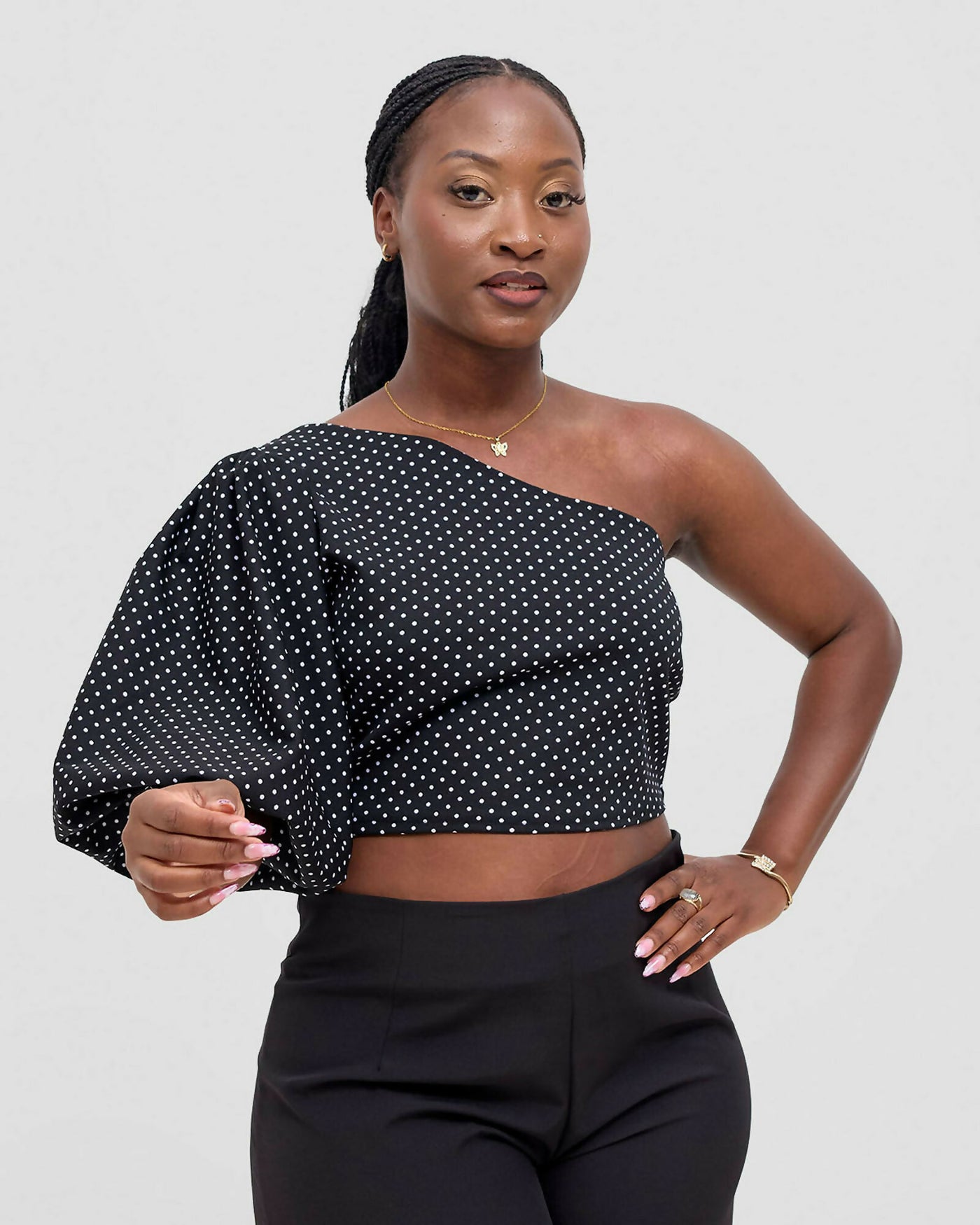 Chic Clique One Hand Polka Dot Top - Black - Shopzetu
