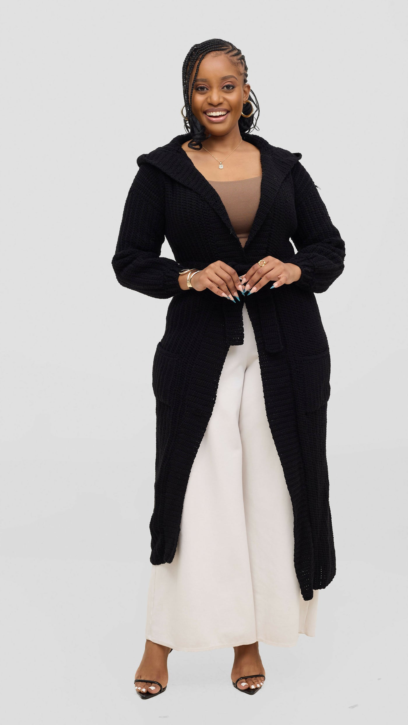 Timyt Urban Wear Friendly Hooded Belted Cardigan Sweater – Black