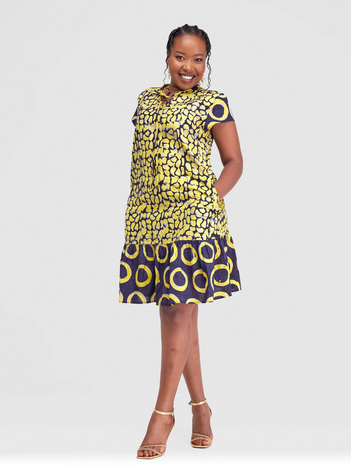 The Fashion Frenzy Nuru Cap Sleeve Shift Dress - Yellow - Shopzetu