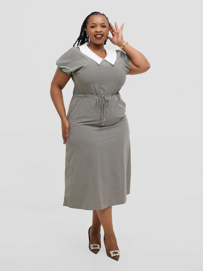 Hessed Peter Pan Collar Drawstring Dress - Grey - Shopzetu