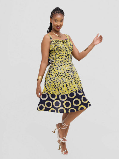 The Fashion Frenzy Printed Nuru Corset Skater Dress - Yellow - Shopzetu