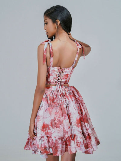 Misstcal Backless Lace Up Adjustable Chiffon Corset Set - Maroon Print - Shopzetu