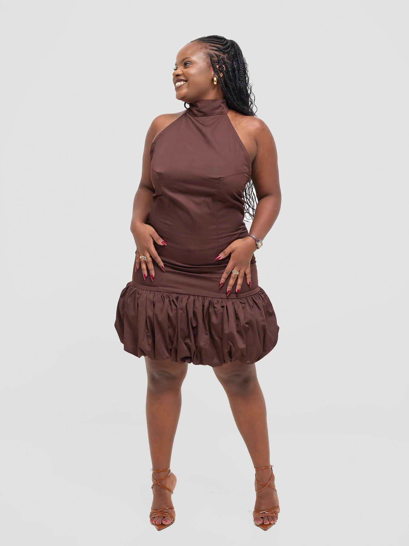 Pure Buxom Polka Bubble Hem Halter Dress - Brown - Shopzetu