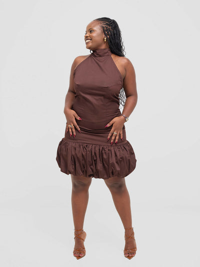 Pure Buxom Polka Bubble Hem Halter Dress - Brown - Shopzetu