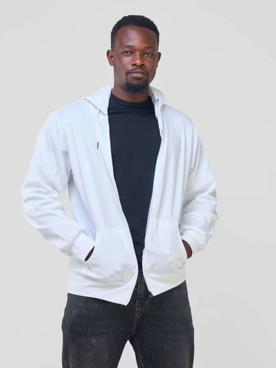 Round Neck with Zip Hoodie - White - Shopzetu