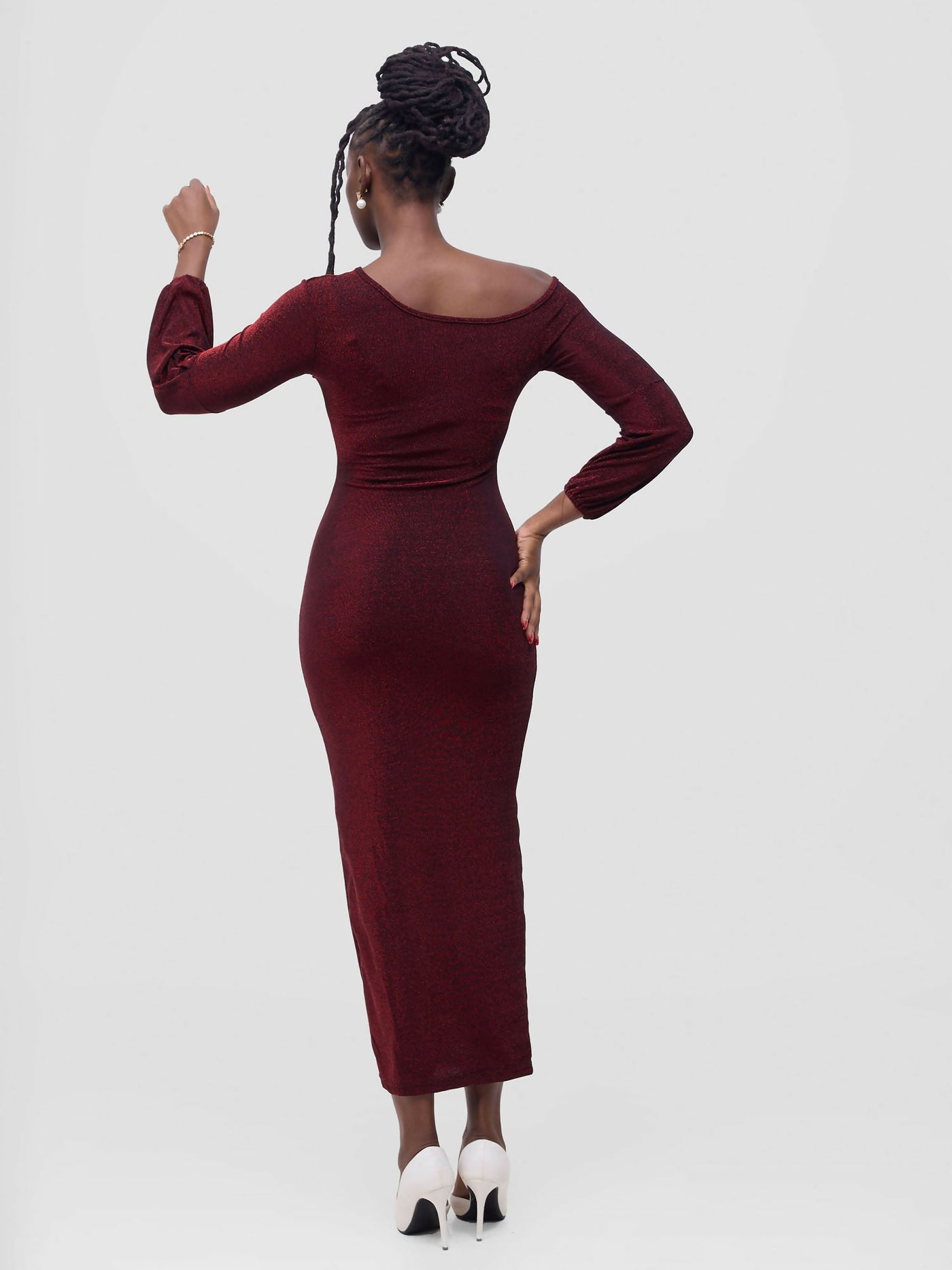 Stylish Sisters Bodycon Shimmering Dress - Maroon - Shopzetu