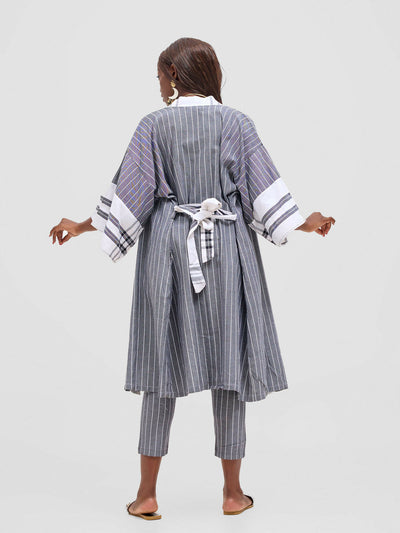 Liquid Lemn Mistari Cozy Striped Kimono Set - Grey / White - Shopzetu