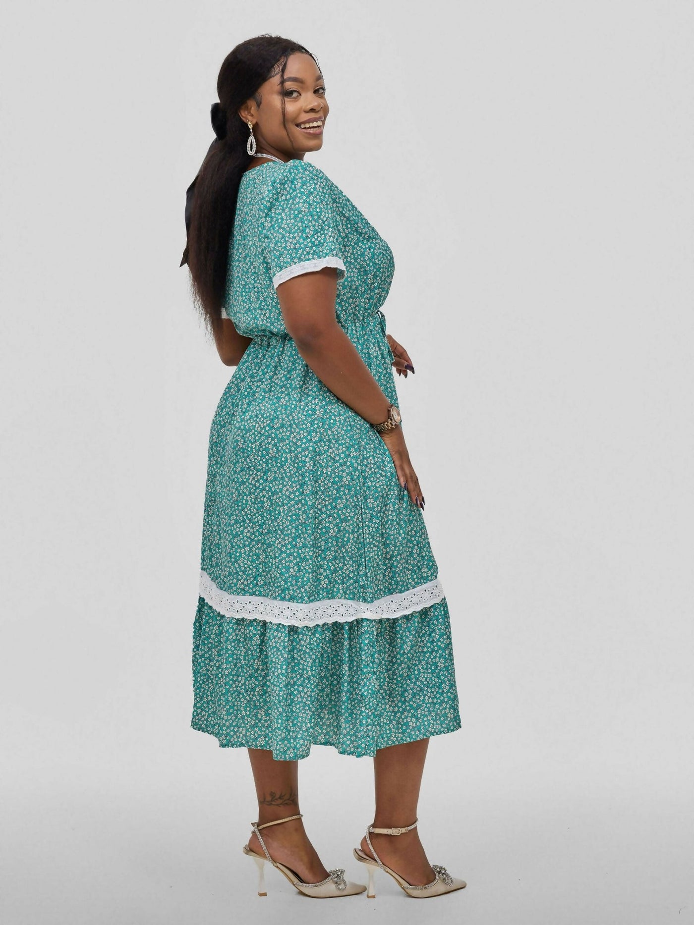 Hessed Wrap V - Neck Short Sleeve Floral With Belt Dress - Blue - Shopzetu