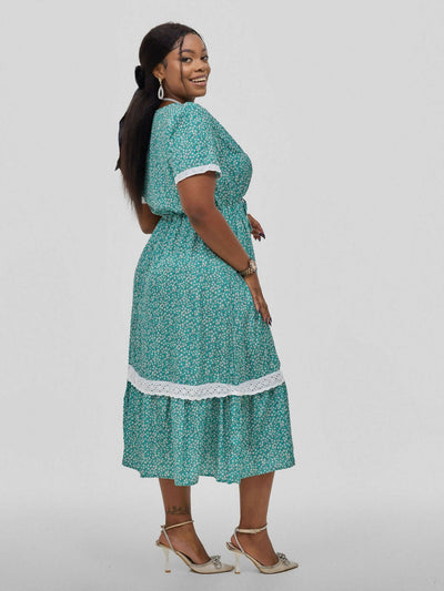 Hessed Wrap V - Neck Short Sleeve Floral With Belt Dress - Blue - Shopzetu