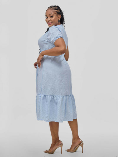 Hessed V - Neck Short Sleeved Wrap Dress - Blue - Shopzetu