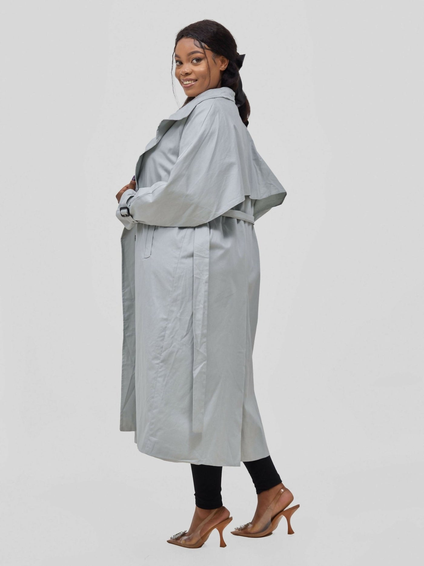 Hessed Double Breasted Buttoned & Belt Trench Coat - Blue - Shopzetu