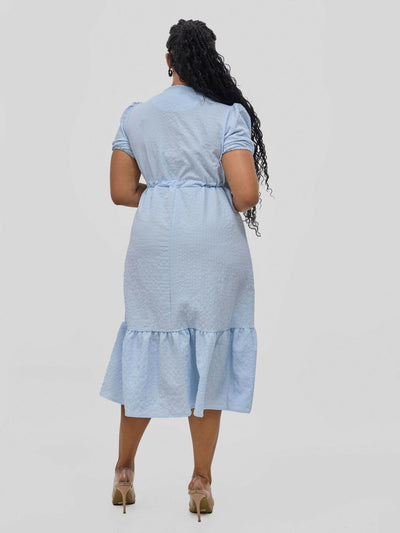Hessed V - Neck Short Sleeved Wrap Dress - Blue - Shopzetu